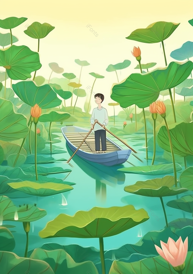 河流夏日小孩划船木船荷花河水盛开荷叶炎热植物景色插画,插画/手绘图,插画/手绘图库,插画/手绘图下载,插画/手绘